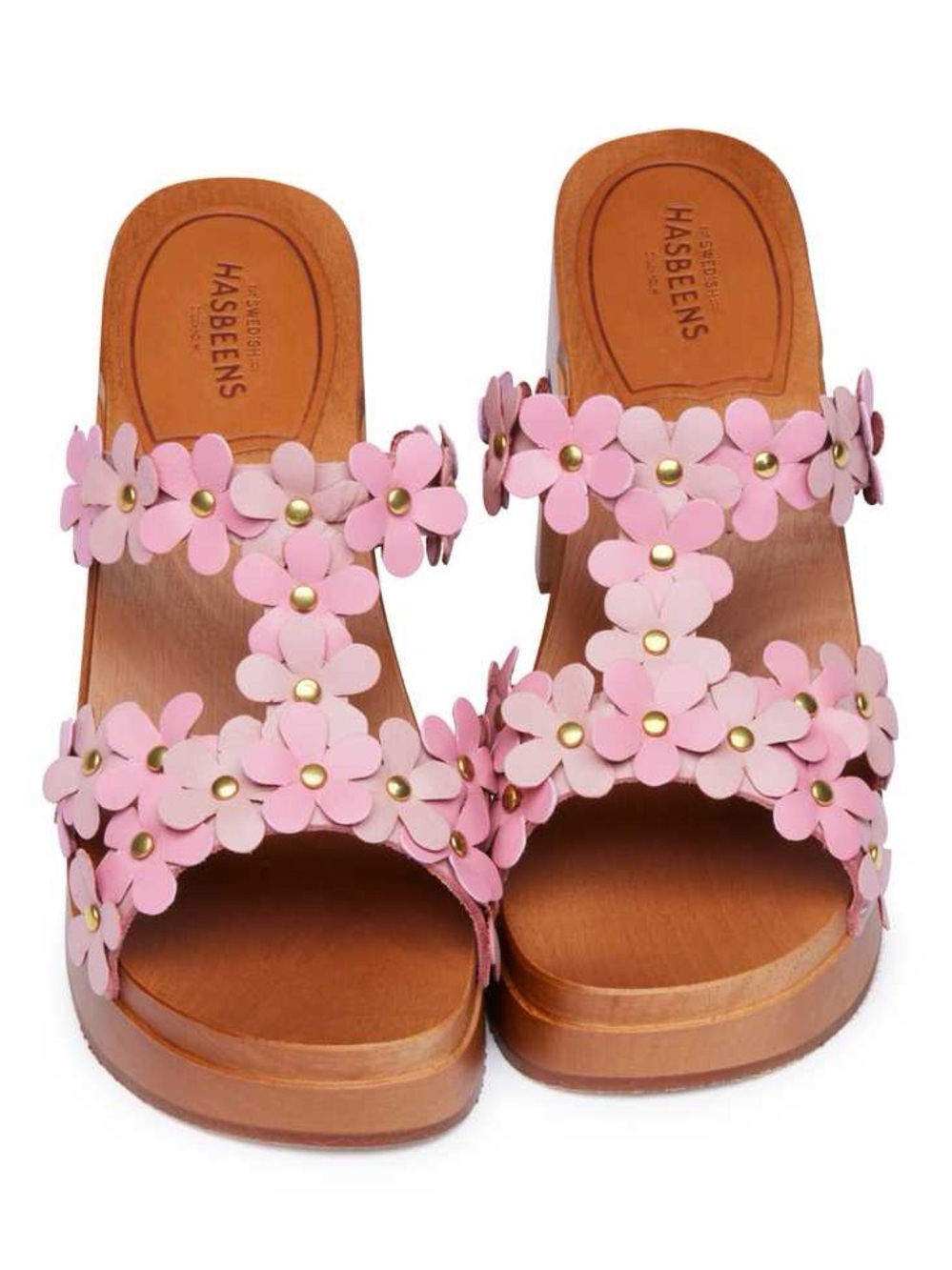 Swedish Hasbeens Petaled Strap Floral Leather Slide Clogs